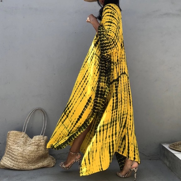 Yellow & Black Bohemian Tie Dye Kaftan Kimono Dress - Picture 8 of 9